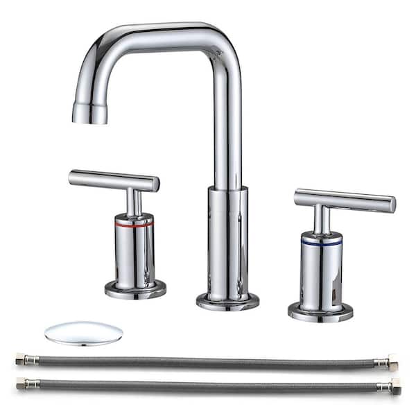 Staykiwi 8 in. Widespread Double Handle Mid Arc Bathroom Faucet with Drain Kit Included in Chrome