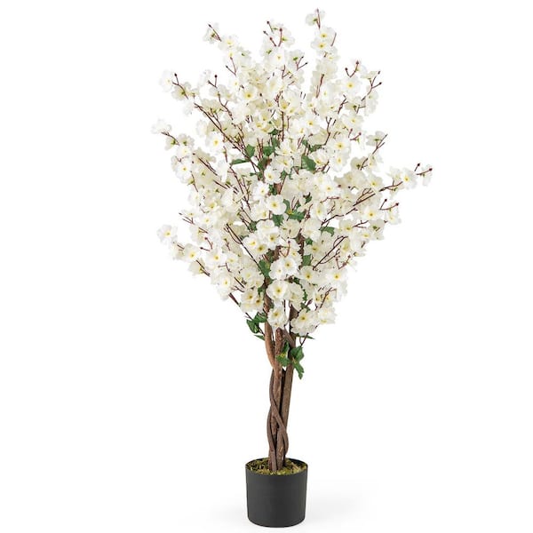 47 in. Artificial Winter Sweet Tree Faux Plum Blossom Plant w/ White Fabric Flower