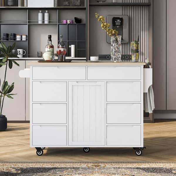 Staykiwi White Rubberwood Kitchen Cart with Internal Storage Rack, Tableware Organizer and 8 Drawers