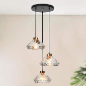 Modern 17.7 in. 3-Light Black and Plated Brass Chandelier with Textured Glass Shades Kitchen Island Ceiling Light