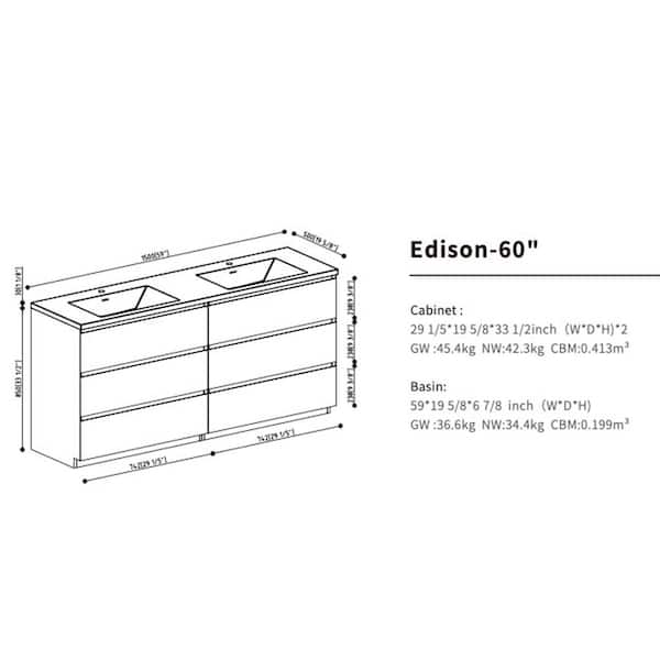60 W x 20 D x 34 H Freestanding Bathroom Vanity in