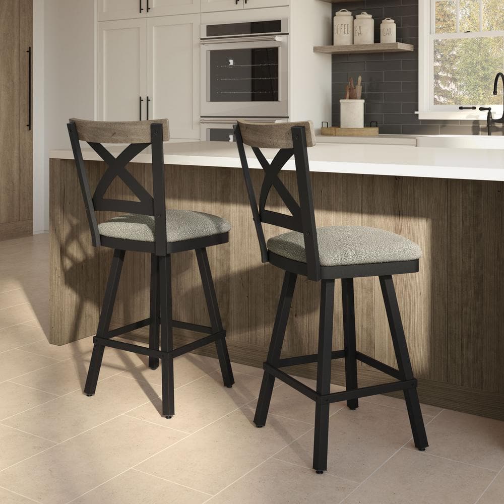 Beige and Black Swivel Bar Stool with Wood Backrest