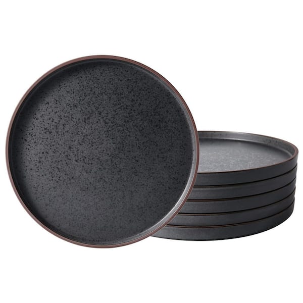 Salad Plates Set of 6, 8.0 in. Ceramic Dinnerware, Modern Matte Black with Coffee Rim, Oven Safe Daily Use