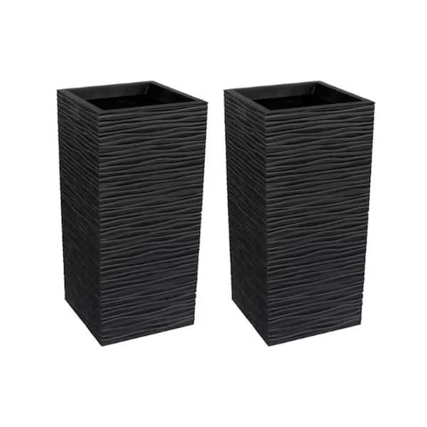 Celestine Medium Black Rubber Square Planter with Drainage Holes (13.5 in. L x 13.5 in. W x 26 in. H) 2 Pack