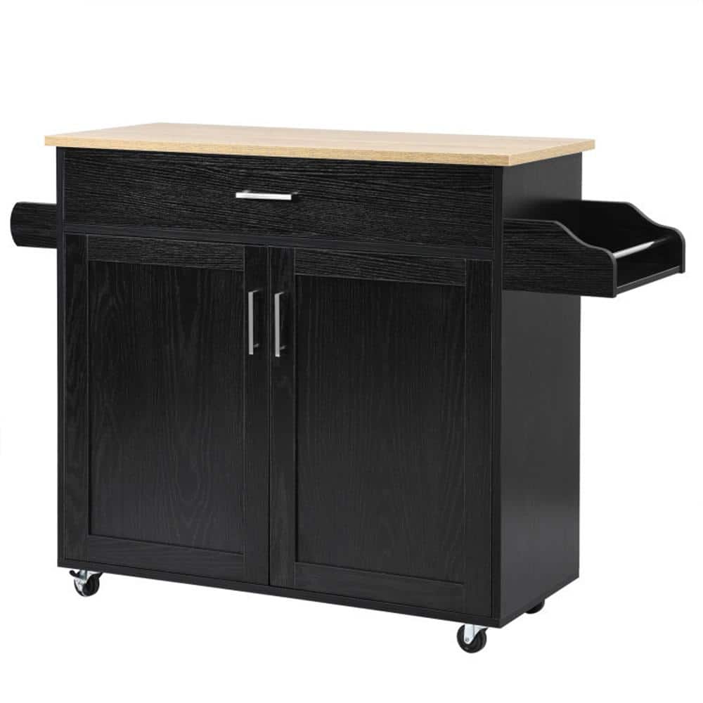 Black Wood 36 in. Rolling Kitchen Island Cart with Towel and Spice Rack