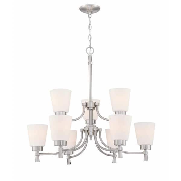 Pia Ricco 9-Light Brushed Nickle Finish Hanging Chandelier Tiered with Shade