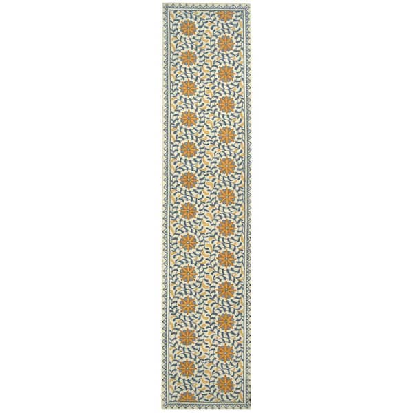 Chelsea Ivory/Blue 3 ft. x 10 ft. Border Floral Circles Runner Rug