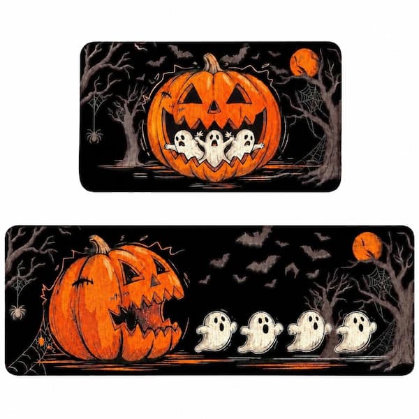 Black Halloween Kitchen Mat Set with Funny Pumpkin Eating Ghost Print, Burlap and Rubber, Set of 2