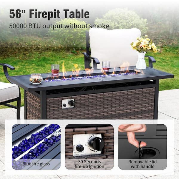 Brown Rattan 9-Seat 8-Piece Steel Outdoor Fire Pit Patio Set with Beige Cushions,Swivel Chair,Rectangular Fire Pit Table