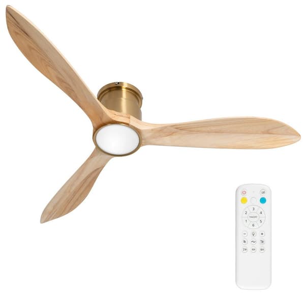 52 in. Dimmable LED Indoor Gold and Wood Smart Flush Mount Ceiling Fan with Light and Remote