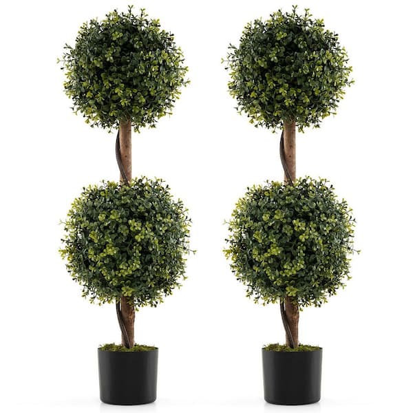 Set of 2 Artificial Double Topiary Ball Trees 3 ft. Faux Boxwood Topiary Tree