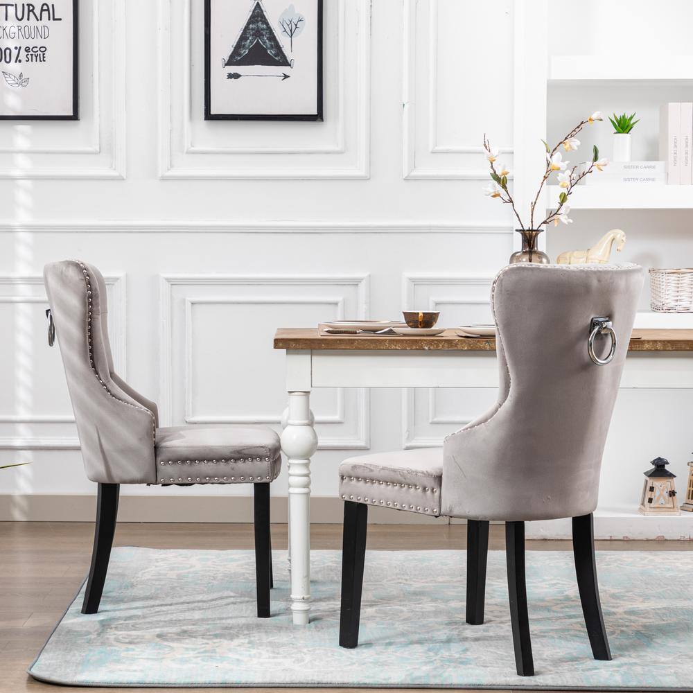 Elegant Gray Velvet Upholstered Dining Side Chair with Nailhead Trim