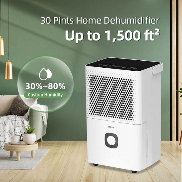 30 pt. 1,500 sq.ft. Portable Dehumidifier in White with Auto Defrost, Dual Filters, Variable Speeds, Continuous Run