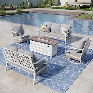 White 5-Piece Metal Outdoor Patio Conversation Set with Swivel Chairs, 50000 BTU Fire Pit Table and Gray Cushions