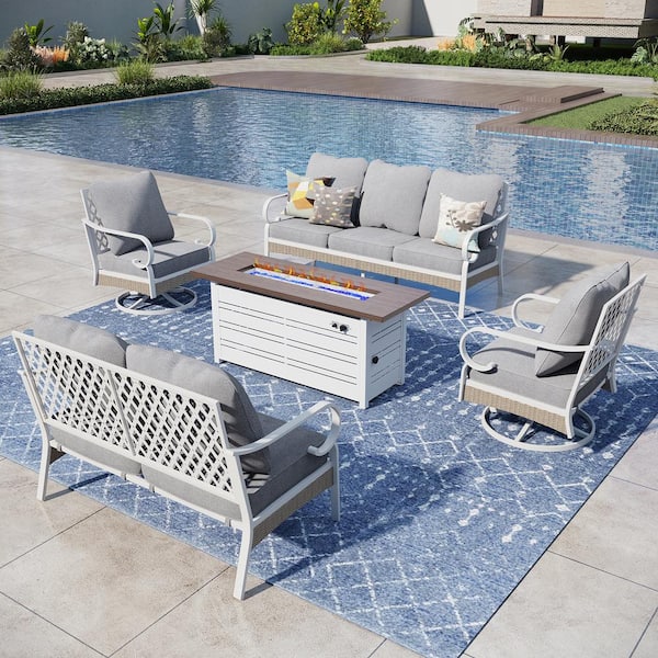 PHI VILLA White 5-Piece Metal Outdoor Patio Conversation Set with Swivel Chairs, 50000 BTU Fire Pit Table and Gray Cushions