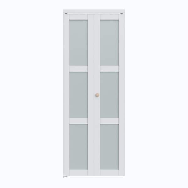 29.45 in. x 77.7 in. 3-Lite Tempered Frosted Glass Solid Core White Primed MDF Closet Bi-Fold Door with Hardware