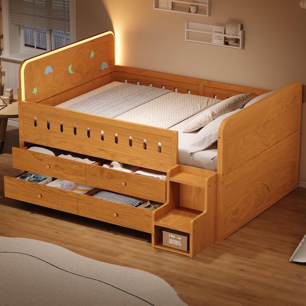 Wood Color Wood Full Size Kids Platform Bed with 4 Drawers, LED Lights at the Headboard Edge, Moon&Stars&Clouds Design