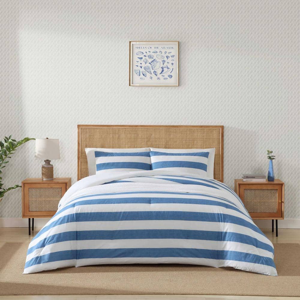 Blue and White Cotton Full Duvet Cover Set with Shams