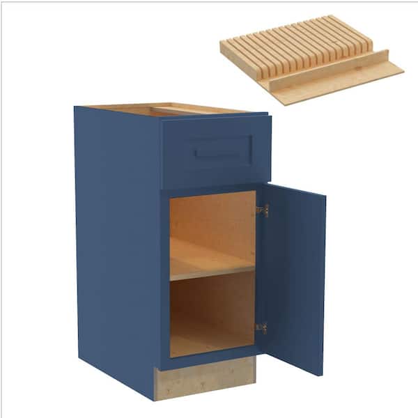 Home Decorators Collection Grayson 15 in. W x 24 in. D x 34.5 in. H Assembled Plywood Base Kitchen Cabinet in Mythic Blue with Knife Block RH