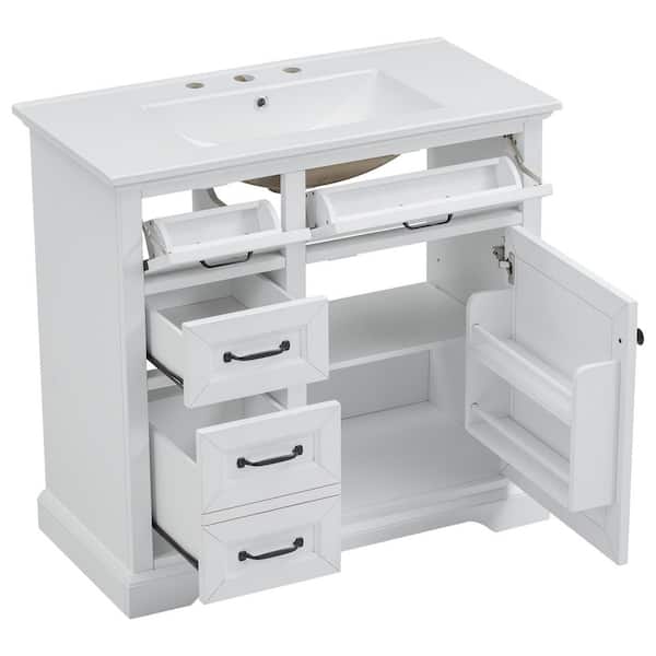 36 in. W Single Sink Freestanding White Bath Vanity with White Ceramic Top and 4 Drawers, Unassembled
