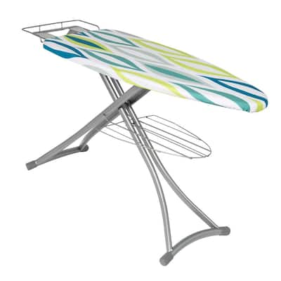 Silver Steel Collapsible Ironing Board with Iron Rest and Multi-Colored Cover