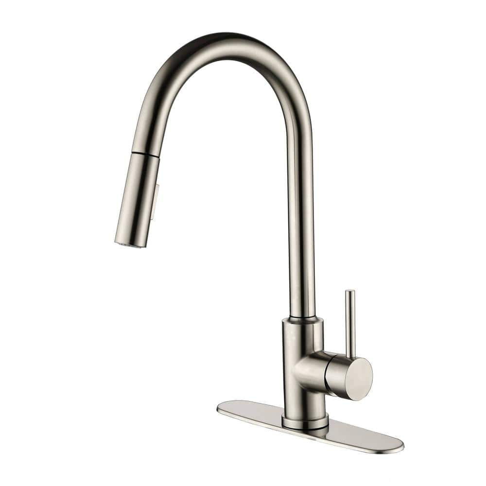 Single Handle Pull Down Sprayer Kitchen Faucet with Deck Plate Single Hole Stainless Steel Sink Taps in Brushed Nickel -  FLG, DD-0089-BN