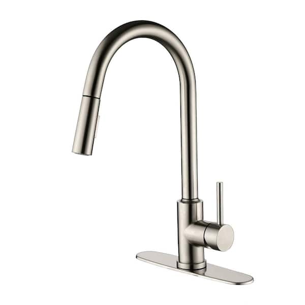 FLG Single Handle Pull Down Sprayer Kitchen Faucet with Deck Plate Single Hole Stainless Steel Sink Taps in Brushed Nickel