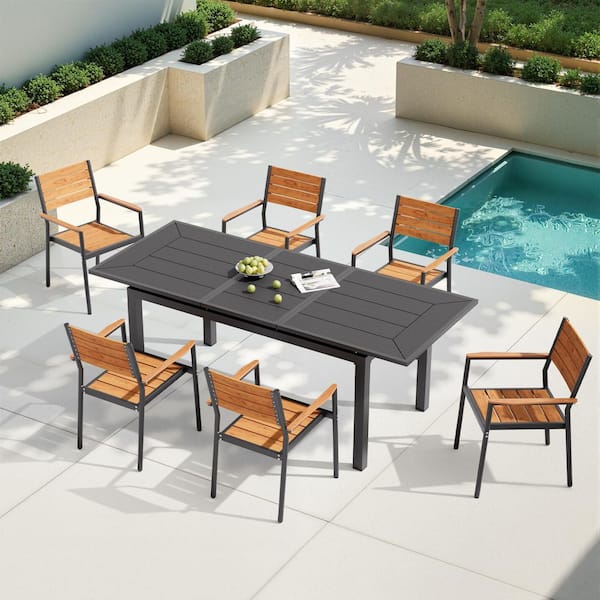 7-Piece Aluminum Wood-Like Rectangular Expandable Outdoor Dining Set with Brown Stackable Arm-Chair and Extension Table
