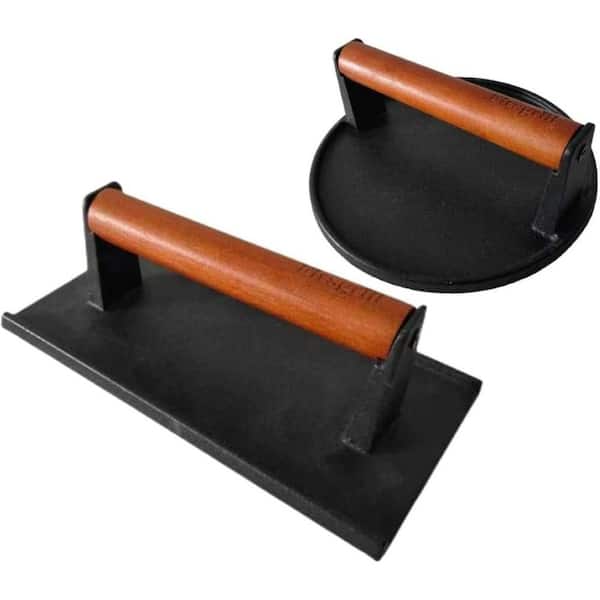 Adrinfly Ultimate Grill Master Set: Burger Press Round and Rectangle Heavy-Duty Cast Iron with Wood Handle for Various Grills