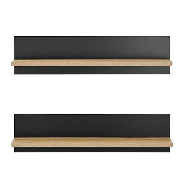DANYA B Repose 23.6 in. W x 5.75 in. D x 5.6 in. Display Photo Ledge Decorative Wall Shelf Set of 2-Black Back/Chestnut Shelf