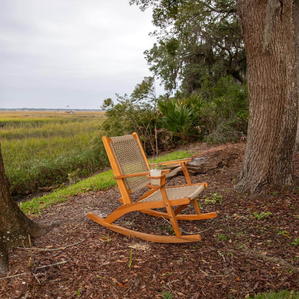 Vega Natural Stained Wood Rocking Chair with Tan Woven Seat