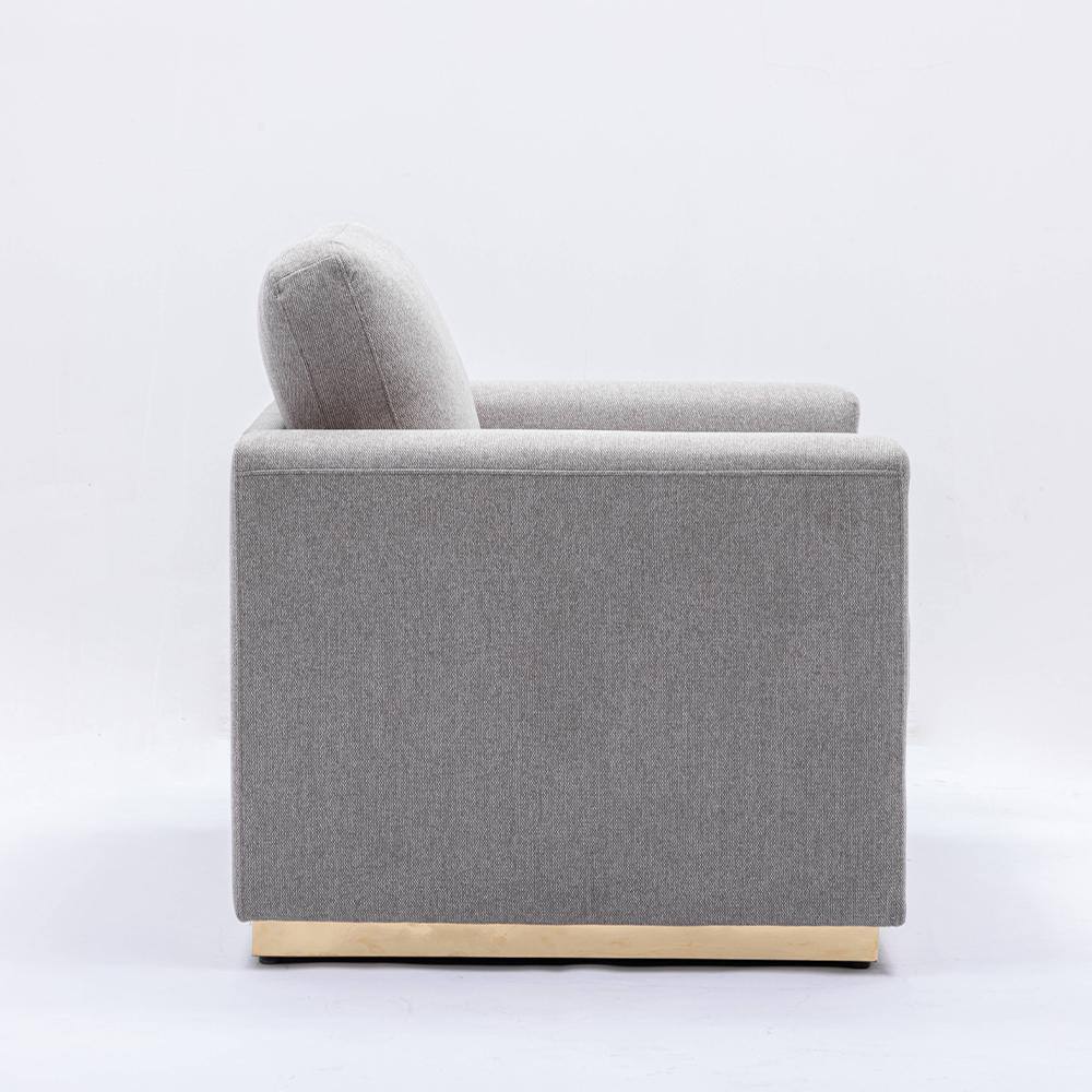 Gray Linen Barrel Accent Chair with Wooden Frame