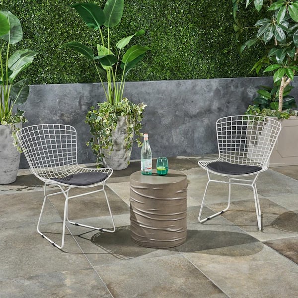 Noble House Banton White and Light Gray 3-Piece Metal Outdoor Patio Conversation Set with Black Cushions