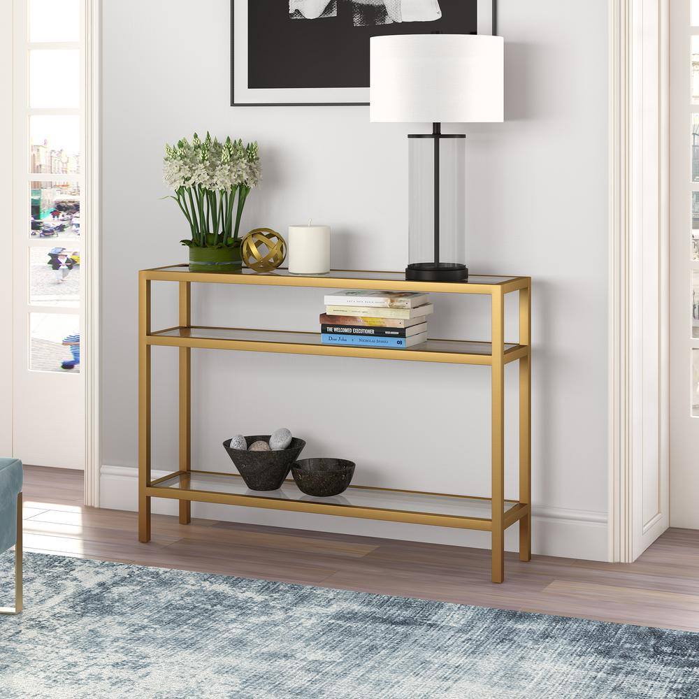 Brass Finish Metal and Glass Console Table with Storage