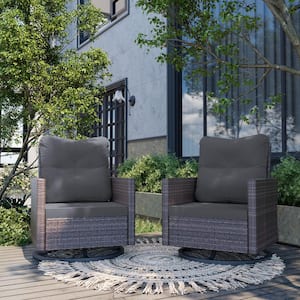 2-Piece Brown Wicker Outdoor Rocking Chair Swivel Chair with Gray Cushions
