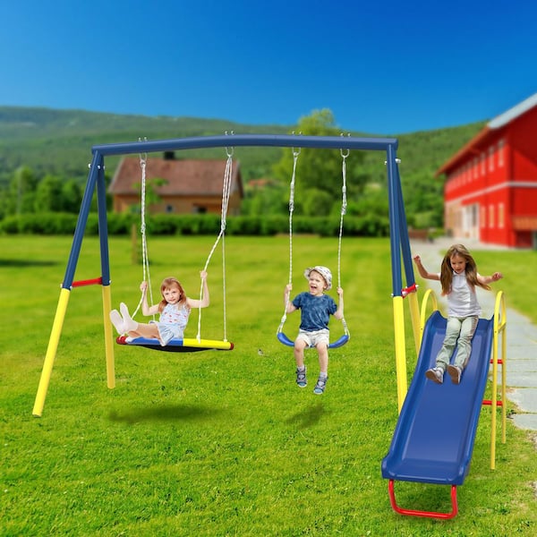 GOGEXX Outdoor Blue and Yellow Swing Set with Kids Slide and Swing