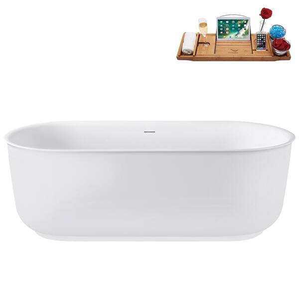 Streamline 67 in. x 31 in. Acrylic Freestanding Soaking Bathtub in Glossy White with Polished Gold Drain, Bamboo Tray