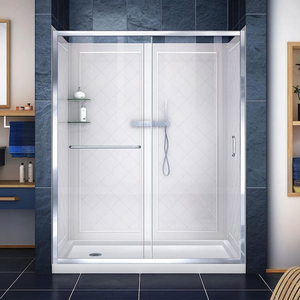 Infinity-Z 60 in. L x 30 in. W x 77 in. H Alcove Shower Door Kit with Shower Wall and Left Shower Pan in Chrome