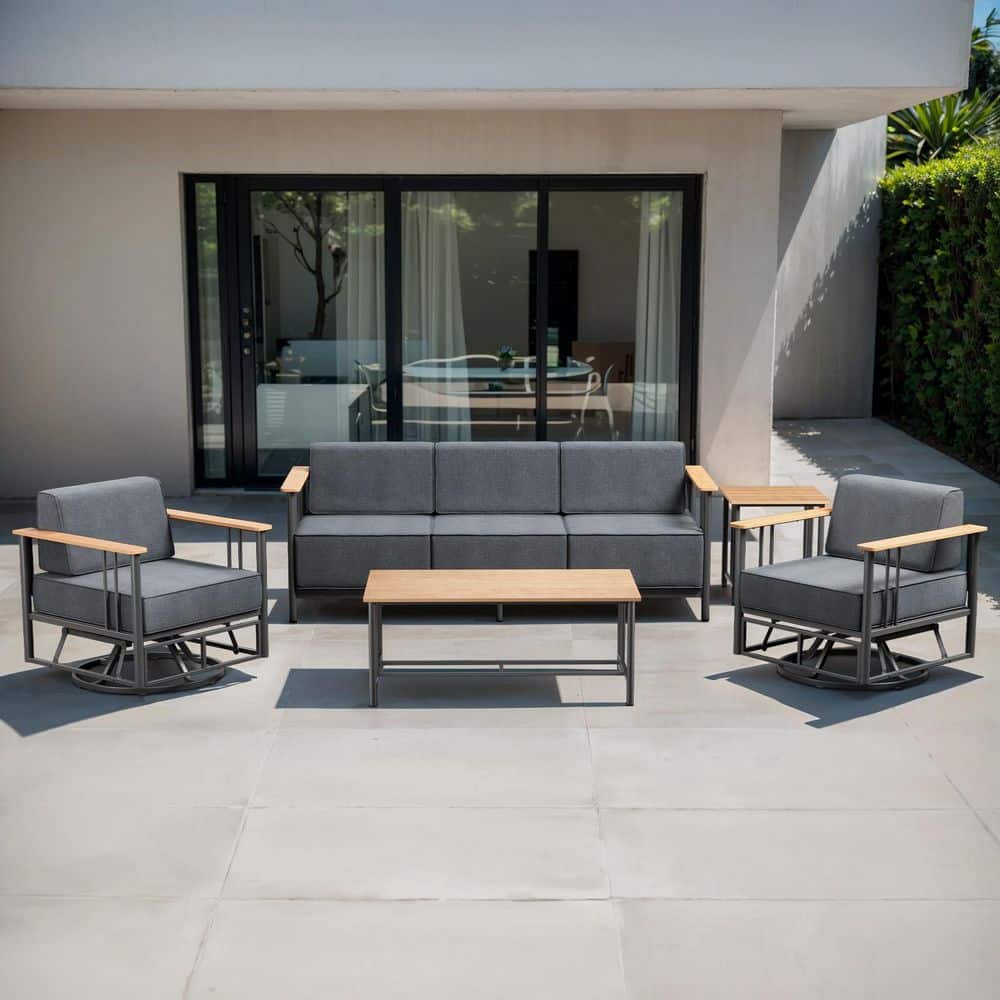 Puffin 5-Piece Black Metal Patio Conversation Set with Sofa, Gliders, and 10 in. Thick Dark Gray Olefin Cushions