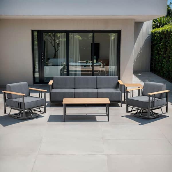 Puffin 5-Piece Black Metal Patio Conversation Set with Sofa, Gliders, and 10 in. Thick Dark Gray Olefin Cushions