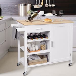 4-Tier White Wood Kitchen Island Trolley Cart Storage Cabinet with Wine Rack