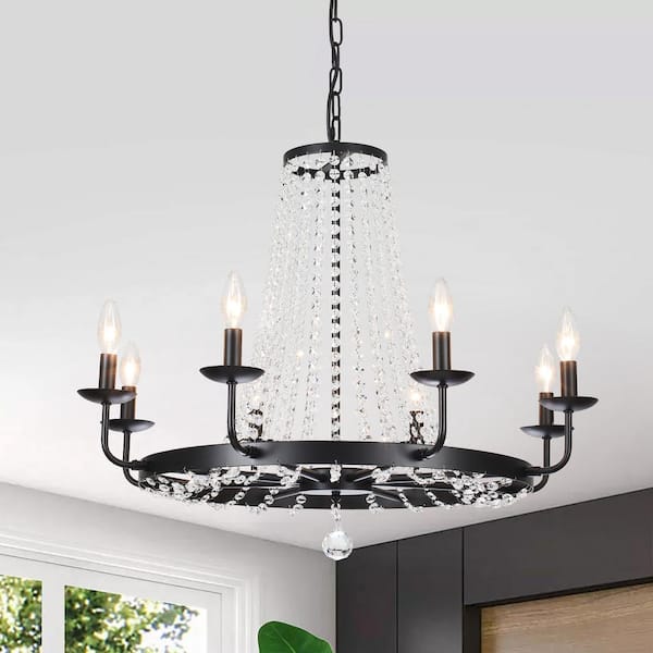 8-Light Black Candle Design Wagon Wheel Chandelier Crystal Linear Lighting Fixture for Kitchen Island