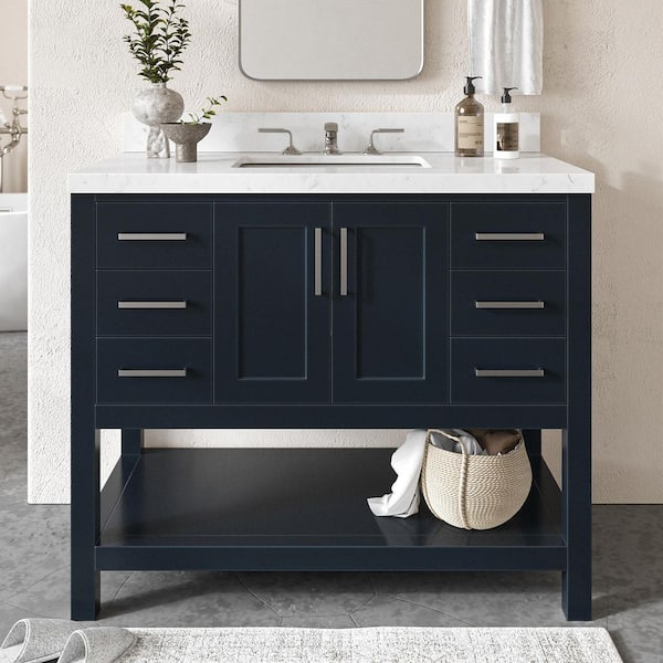 ARIEL Magnolia 42 in. Single Sink Freestanding Bathroom Vanity in Midnight Blue with Carrara White Quartz Top