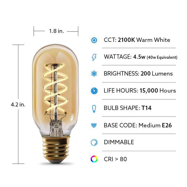 Feit Electric 40-Watt T14 Dimmable Incandescent Amber Glass Vintage Edison Light Bulb with Spiral Filament Soft White (6-Pack) Feit Electric 40-Watt T14 Dimmable Incandescent Amber Glass Vintage Edison Light Bulb with Spiral Filament Soft White (6-Pack)
