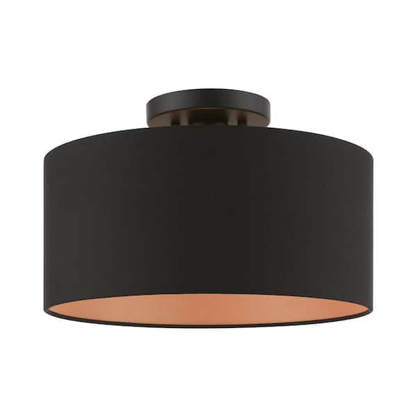 AVIANCE LIGHTING Clearbrook 13 in. 1-Light Black Medium Semi Flush Mount with Black Fabric Shade and Orange Fabric Inside