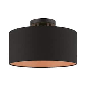 Sentosa 13 in. 1-Light Black Medium Semi-Flush Mount with Black Fabric Shade with Orange Fabric Inside