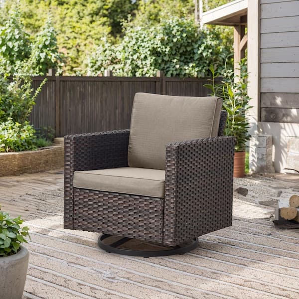 Opohoro Brown Wicker Outdoor Rocking Chair, Patio Swivel Glider Chair with Gray Cushions for Porch or Balcony (1-Pack)