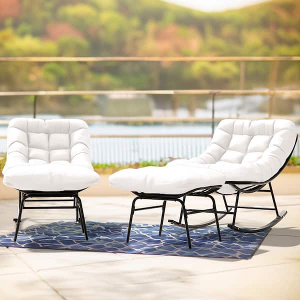 JEAREY Metal Outdoor Rocking Chair with White Padded Cushion and Ottoman Foot Rest for Balcony (Set of 2)