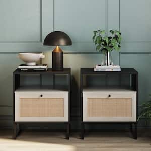 Mina 22 in. Black Accent Nightstand Table with Rattan Storage Door, Set of 2
