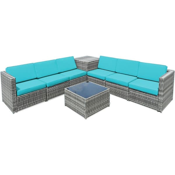 Kadehome 8-Piece Wicker Rattan Patio Conversation Set with Storage Table and Cushion in Turquoise